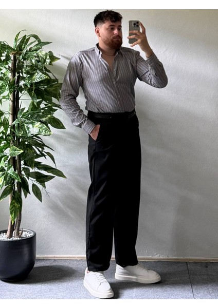 Erkek Gri Çizgili Uzun Kollu Slim Fit Şık Ofis Günlük Klasik Kombin Tarz Gömlek modelleri