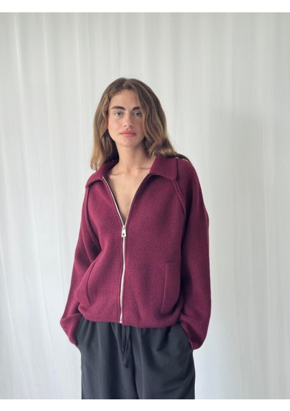 Önden Fermuarlı Polo Yaka Ceket Hırka Kadın Bordo fiyatları