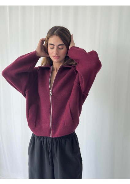 Önden Fermuarlı Polo Yaka Ceket Hırka Kadın Bordo modelleri
