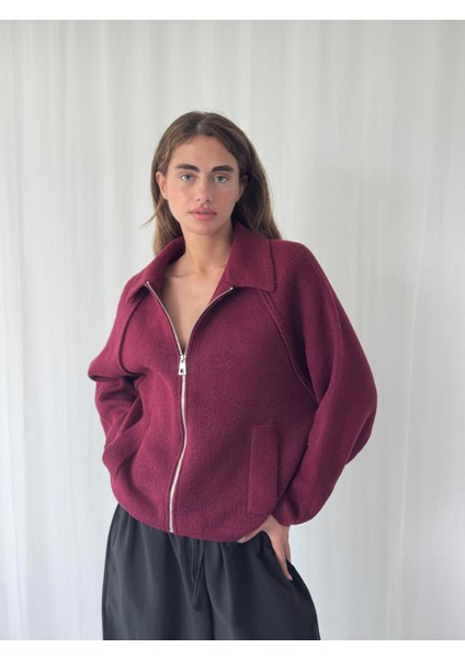 Önden Fermuarlı Polo Yaka Ceket Hırka Kadın Bordo fırsatları