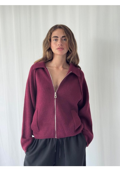 Önden Fermuarlı Polo Yaka Ceket Hırka Kadın Bordo indirimleri