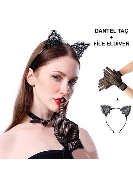 Siyah Kedi Dantel Taç + Eldiven Seti – Parti, Dans ve Kostüm Kombini (5224)