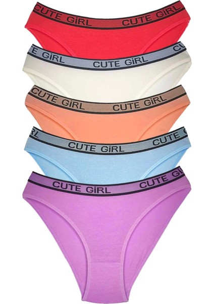 5 Adet Beli Yazılı Pamuklu Kalın Lastik Kadın Slip Külot