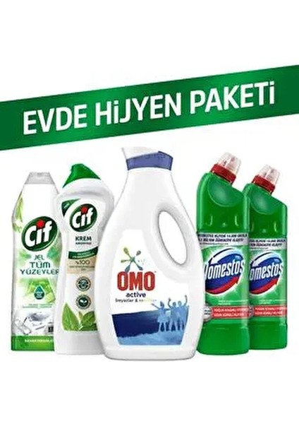 Evde Temizlik Paketi Krem AMONYAK750 Ml+Domestos 750ML+D2+ Jel 750 Ml+Omo Sıvı Active 1690ML