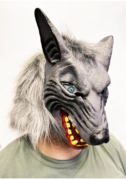 Kafaya Tam Geçmeli Lateks Mavi Gözlü Dişli Ağzı Açık Kurt Maskesi (5224)