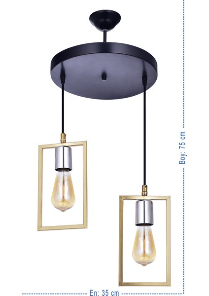 Kapris 2’li Modern Sarkıt Avize – Siyah Gövde, Sarı Metal Başlık, Gümüş Detaylı, 75 cm Yükseklik (Salon & Mutfak Kullanımı İçin)