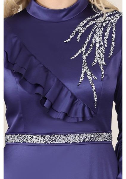 Omuz Taş Baskı Şık Saten Ada Büyük Beden Tesettür Abiye modelleri