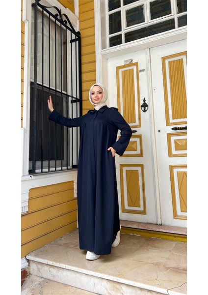 Yakalı Dirsek Kemer Detaylı Pamuklu Uzun Ferace - (38-46) - 71170 - Lacivert