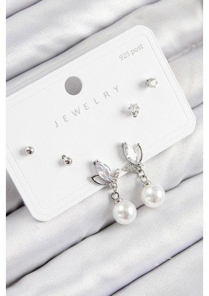 Pirinç Zirkon Taşlı İnci Sallantılı Damla Model Gümüş Renk 925 Ayar Gümüş Çivi Kadın Küpe Set - TJ-BKP11183