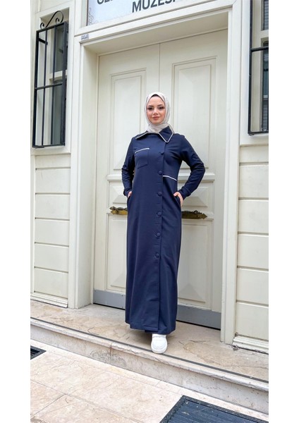 Yakalı Cepli Yandan Düğmeli Pamuklu Uzun Ferace - (38-46) - 71176 - Lacivert