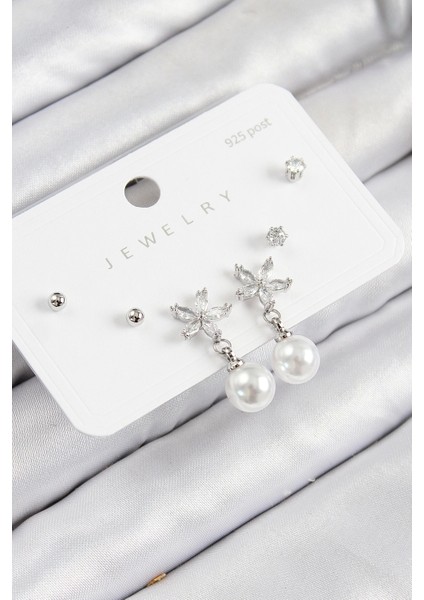 Pirinç Zirkon Taşlı İnci Sallantılı Çiçek Model Gümüş Renk 925 Ayar Gümüş Çivi Kadın Küpe Set - TJ-BKP11175
