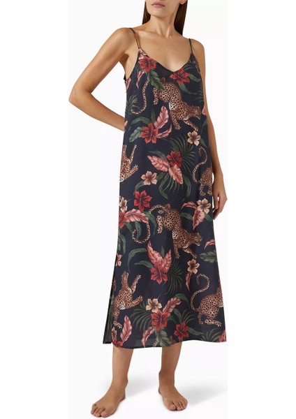 Desmond & Dempsey Soleia Kadın Lüks Pamuklu Leopar Desenli Slip Gecelik Ayarlanabilir Askılı