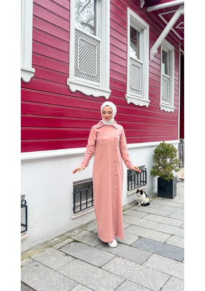 Yakalı Cepli Yandan Düğmeli Pamuklu Uzun Ferace - (38-46) - 71176 - Pudra modelleri