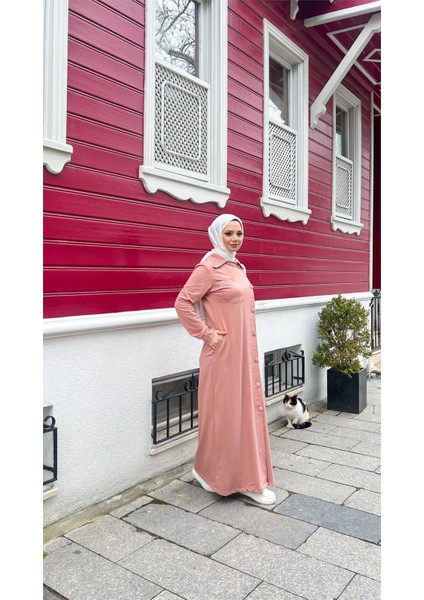 Yakalı Cepli Yandan Düğmeli Pamuklu Uzun Ferace - (38-46) - 71176 - Pudra fırsatları