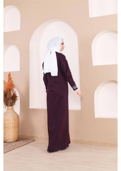 Taş Detaylı Fermuarlı Cepli Uzun Ferace - (38-46) - 71181 - Mürdüm indirimleri