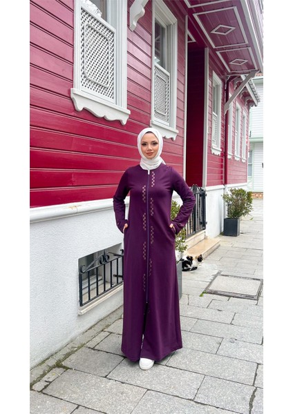 O Yaka Fermuarlı Yan Cepli Pamuklu Uzun Ferace - (38-46) - 71179 - Mürdüm
