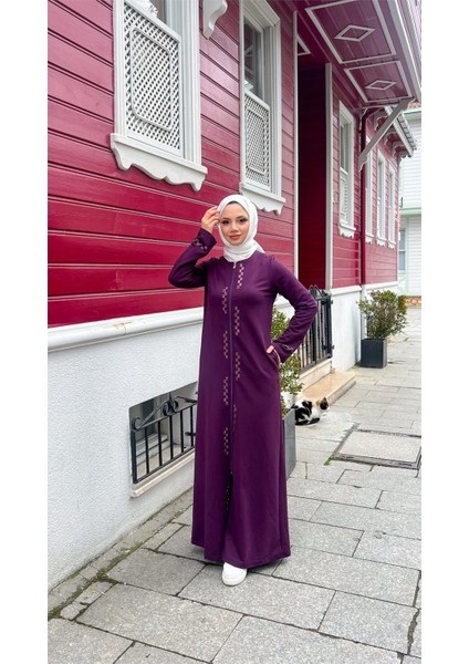 O Yaka Fermuarlı Yan Cepli Pamuklu Uzun Ferace - (38-46) - 71179 - Mürdüm modelleri