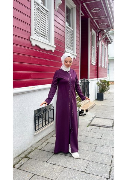 O Yaka Fermuarlı Yan Cepli Pamuklu Uzun Ferace - (38-46) - 71179 - Mürdüm fırsatları