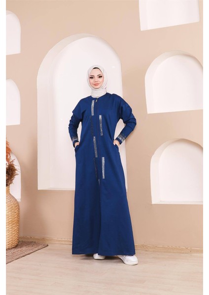 Taş Detaylı Fermuarlı Cepli Uzun Ferace - (38-46) - 71181 - Indigo fiyatları