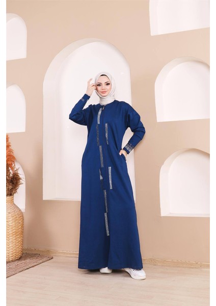 Taş Detaylı Fermuarlı Cepli Uzun Ferace - (38-46) - 71181 - Indigo modelleri