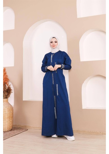 Taş Detaylı Fermuarlı Cepli Uzun Ferace - (38-46) - 71181 - Indigo fırsatları