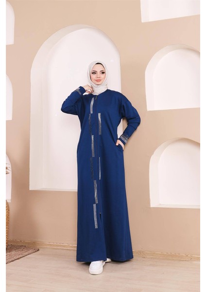Taş Detaylı Fermuarlı Cepli Uzun Ferace - (38-46) - 71181 - Indigo indirimleri