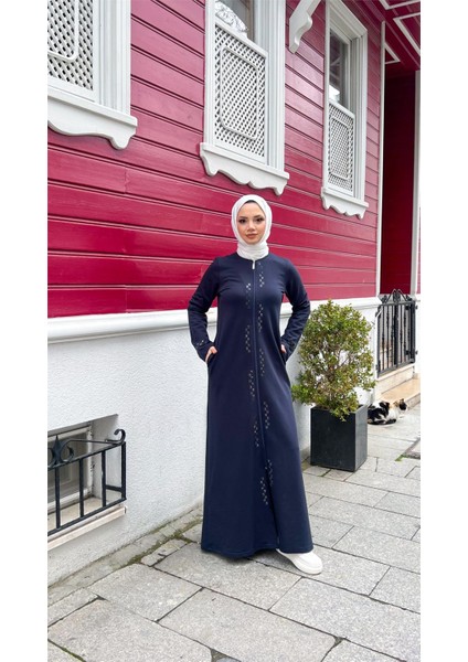 O Yaka Fermuarlı Yan Cepli Pamuklu Uzun Ferace - (38-46) - 71179 - Lacivert