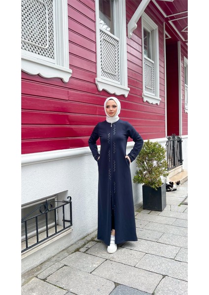 O Yaka Fermuarlı Yan Cepli Pamuklu Uzun Ferace - (38-46) - 71179 - Lacivert fiyatları
