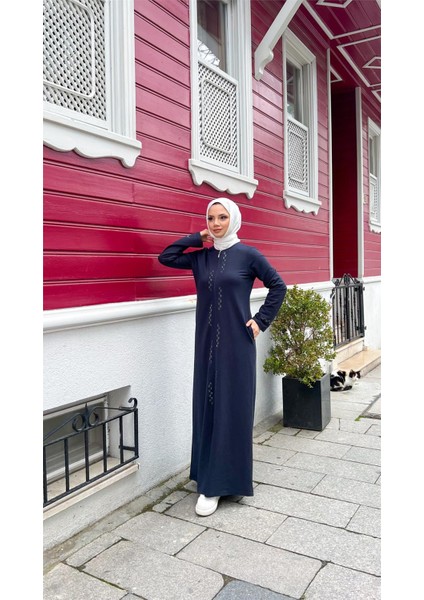 O Yaka Fermuarlı Yan Cepli Pamuklu Uzun Ferace - (38-46) - 71179 - Lacivert fırsatları
