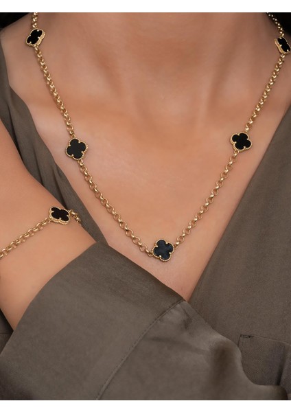 14 Ayar Altın Siyah Yonca Kolye Bileklik Set