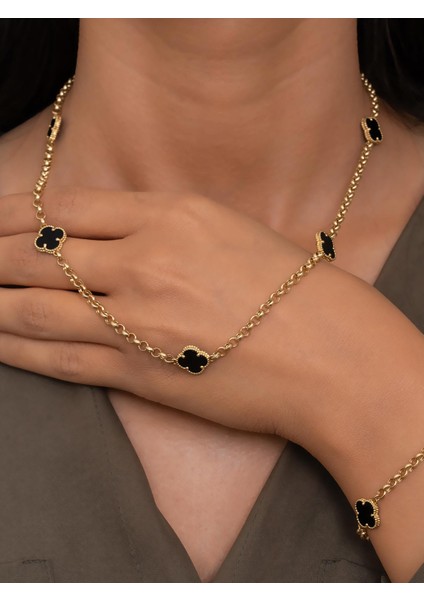 14 Ayar Altın Siyah Yonca Kolye Bileklik Set fiyatları