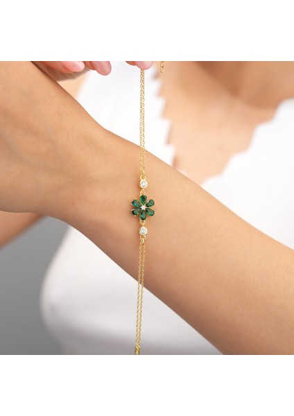 925 Ayar Sarı Altın Kaplama Zümrüt Taşlı Çiçek Gümüş Bileklik