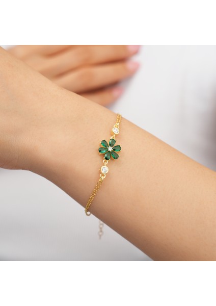 925 Ayar Sarı Altın Kaplama Zümrüt Taşlı Çiçek Gümüş Bileklik fiyatları