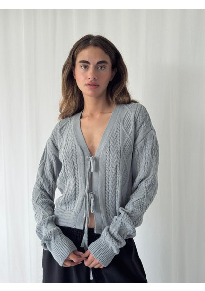 Önden Bağlamalı Hırka Kadın Gri