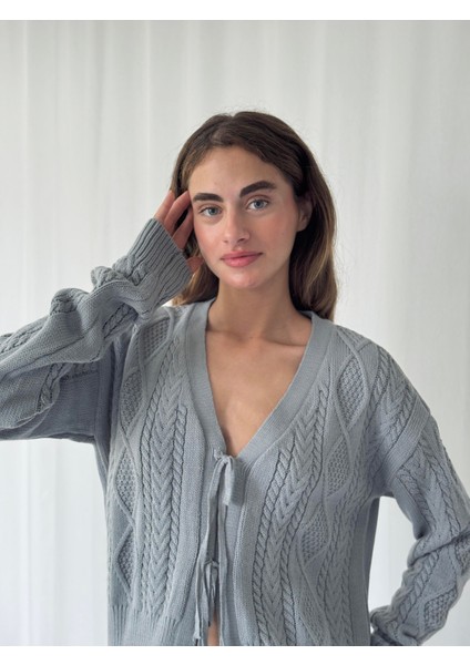 Önden Bağlamalı Hırka Kadın Gri