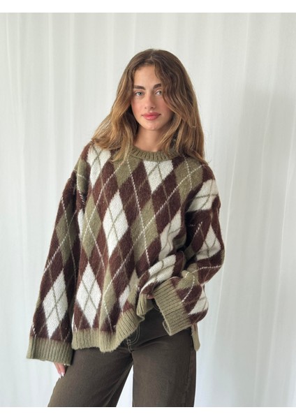 Şardonlu Tüylü Baklava Dilim Triko Kazak Kadın Koyu Haki