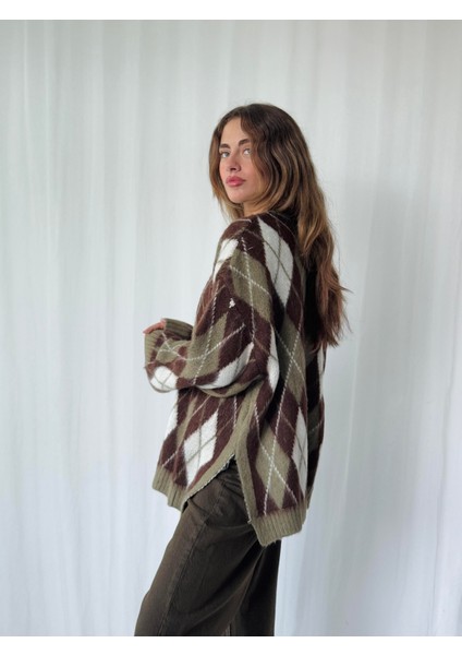 Şardonlu Tüylü Baklava Dilim Triko Kazak Kadın Koyu Haki fiyatları