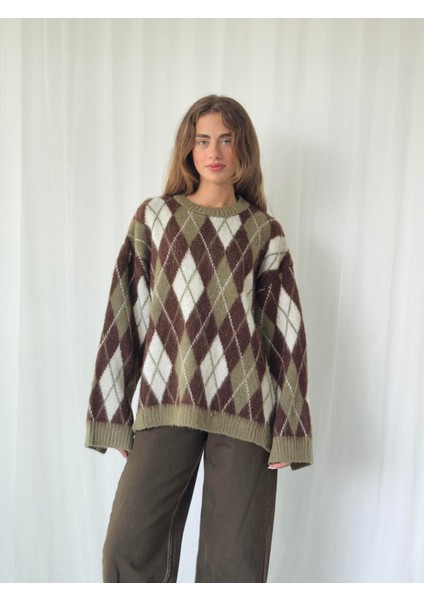 Şardonlu Tüylü Baklava Dilim Triko Kazak Kadın Koyu Haki modelleri