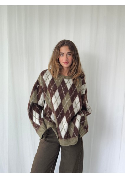 Şardonlu Tüylü Baklava Dilim Triko Kazak Kadın Koyu Haki indirimleri