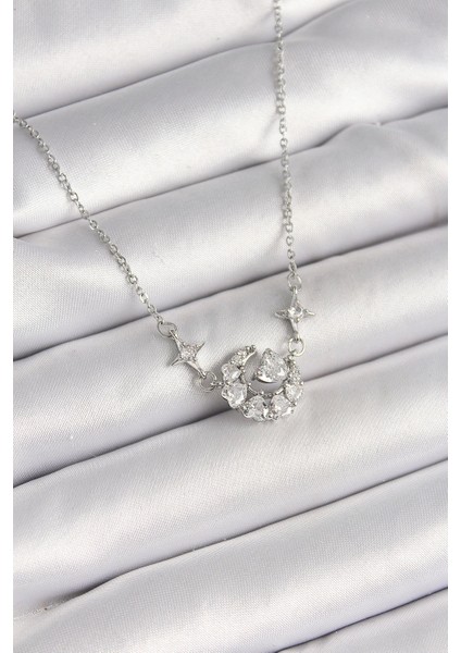 Bfs 316L Çelik Gümüş Renk Zirkon Taşlı Hilal Kalp Model Kadın Kolye