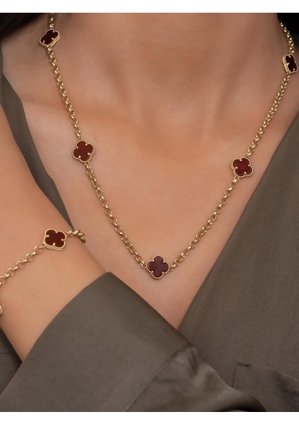 14 Ayar Altın Kahverengi Yonca Kolye Bileklik Set