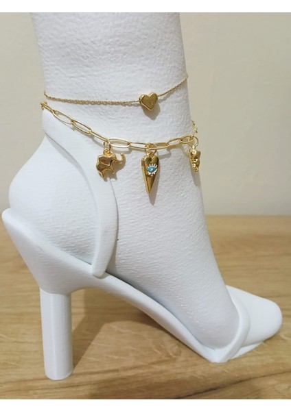 Kadın Çelik Halhal Seti 2’li – Kalp, Göz ve Fil Detaylı