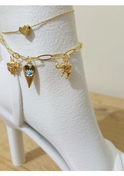 Kadın Çelik Halhal Seti 2’li – Kalp, Göz ve Fil Detaylı modelleri