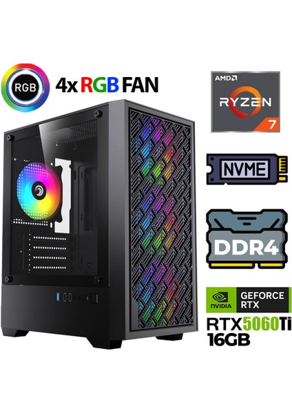 KX510 Ryzen 7 5700X 32GB Ram 1tb M.2 Nvme SSD 16GB RTX5060 Ti Oyuncu Tavsiye Sistem