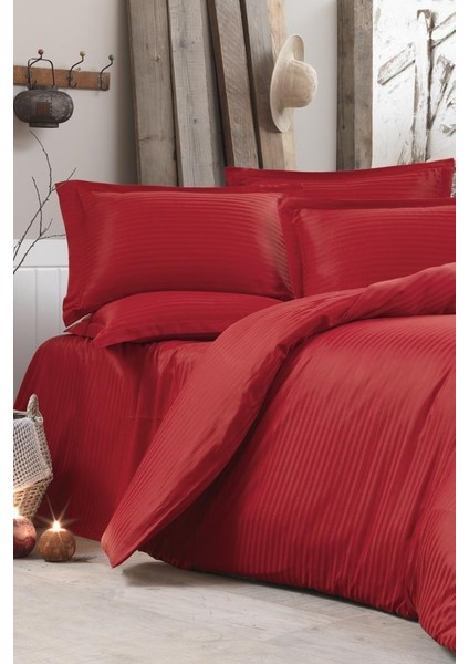 Stripe Tek Kişilik Pollysaten Nevresim Takımı Kırmızı