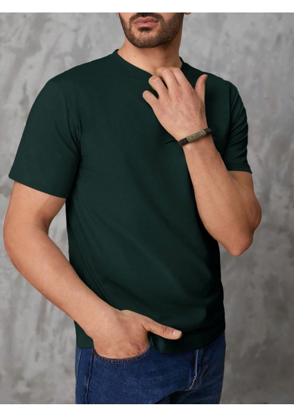 Erkek Koyu Yeşil Bisiklet Yaka Göğsü Palmiye Baskılı T-Shirt indirimleri