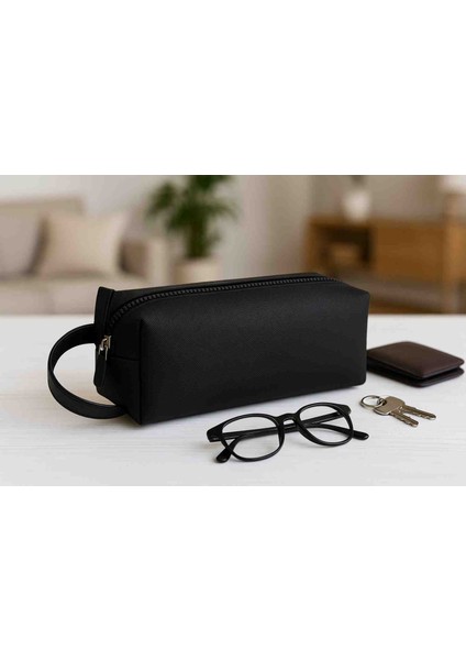 Vegan Deri Unisex El Yapımı Kozmetik Aksesuar Modern Şık Tasarım El Çantası Siyah 18X8X8 cm