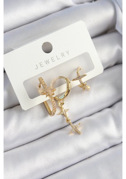 Bfs Pirinç Zirkon Taşlı Yıldız Model Gold Renk 3'lü Çift Kadın Küpe Set