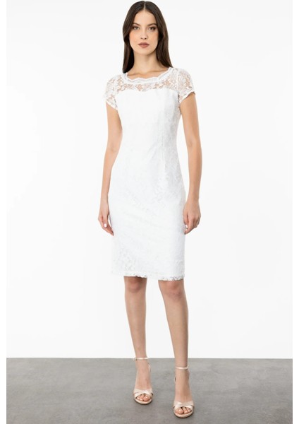Kadın Sıfır Yaka Dantel Elbise 4056 Ekru