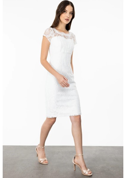 Kadın Sıfır Yaka Dantel Elbise 4056 Ekru modelleri